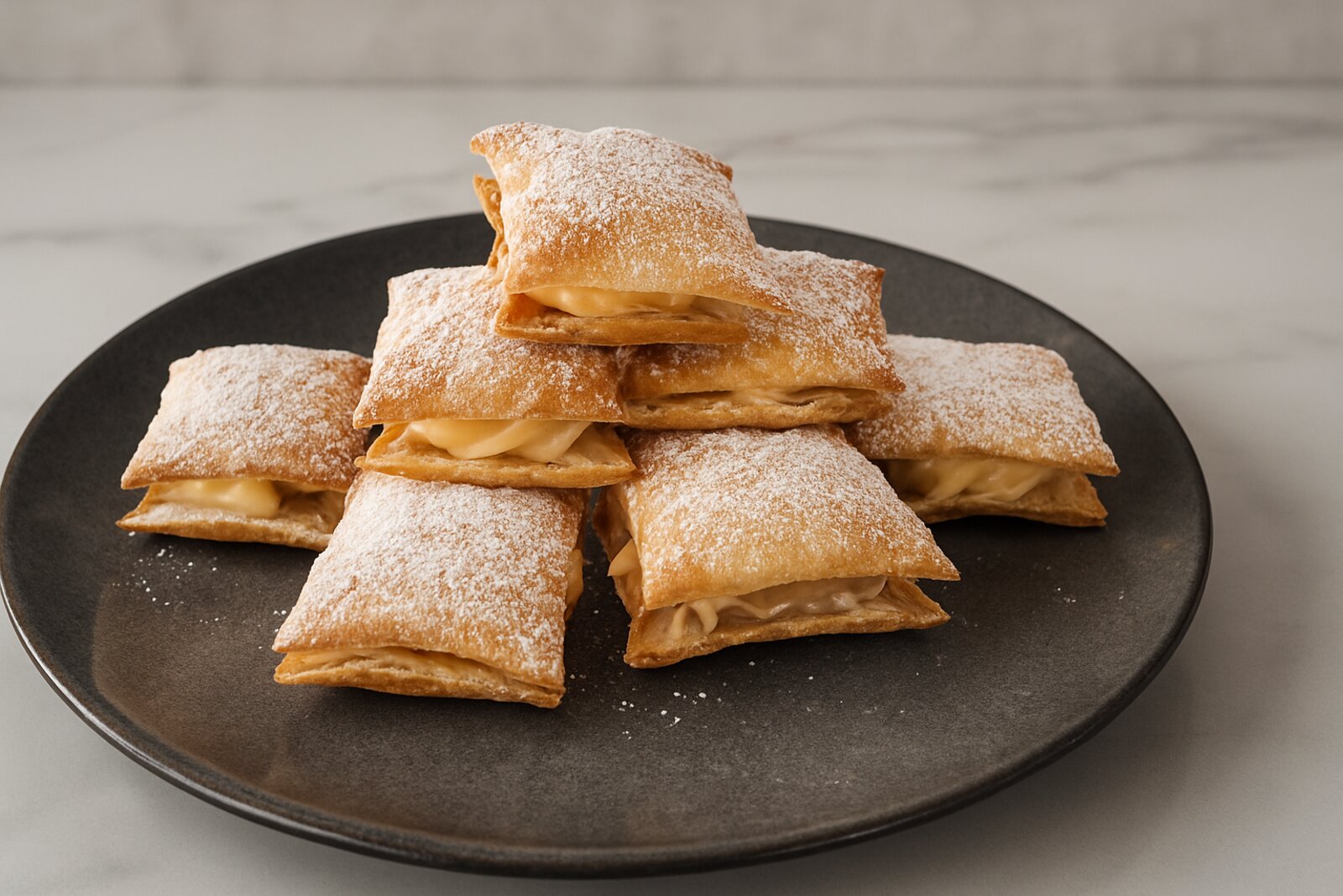 Stack of custard puffs dusted with icing sugar